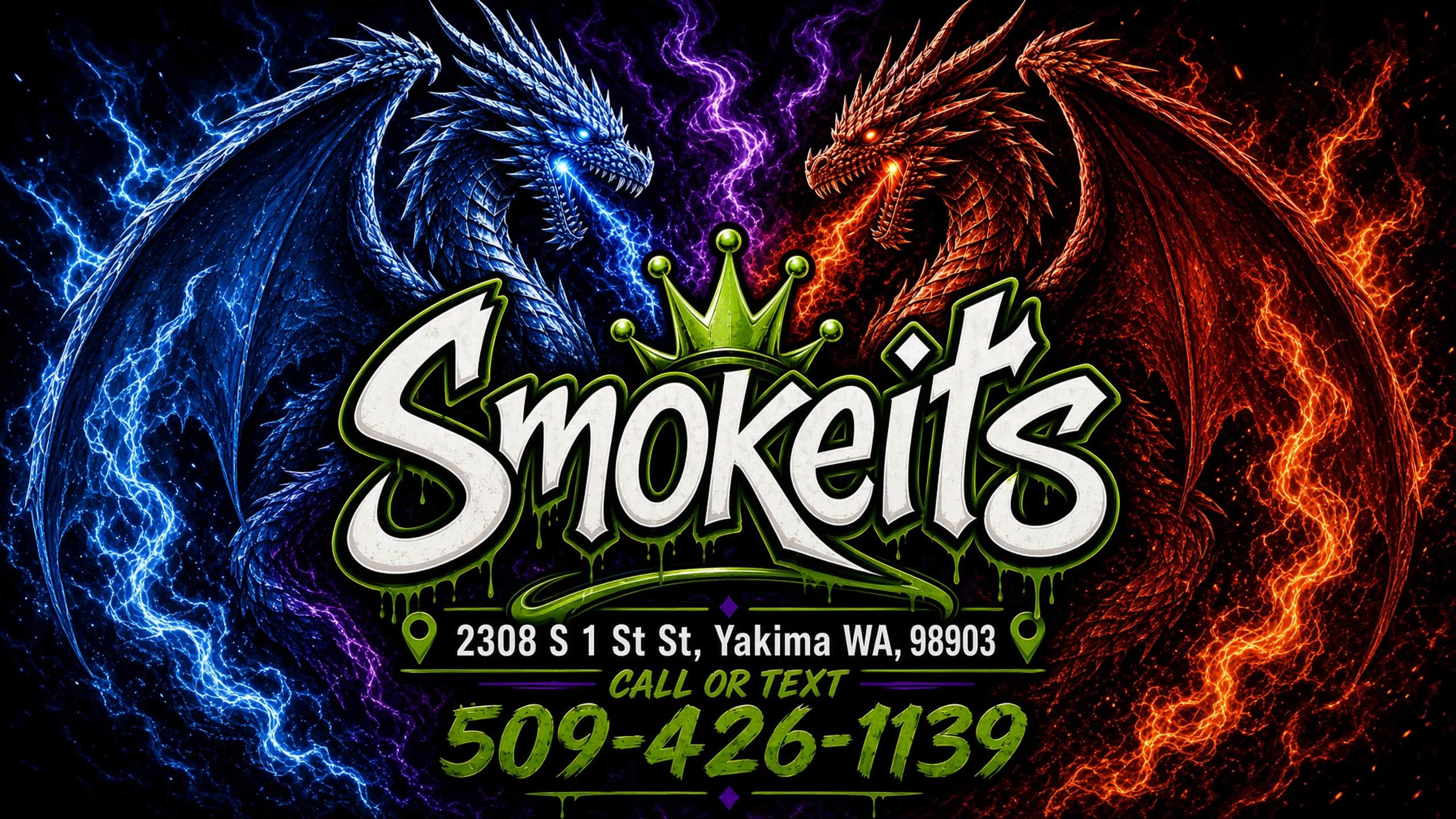 Smokeits Smokeshop — ice and ember dragons flanking the Smokeits crest, 2308 S 1st St, Yakima WA, (509) 426-1139